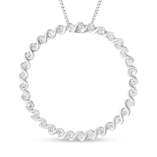 Collar con colgante de círculo curvo en espiral con diamantes redondos de 3/4 ct. p.t. en plata de ley, foto 1