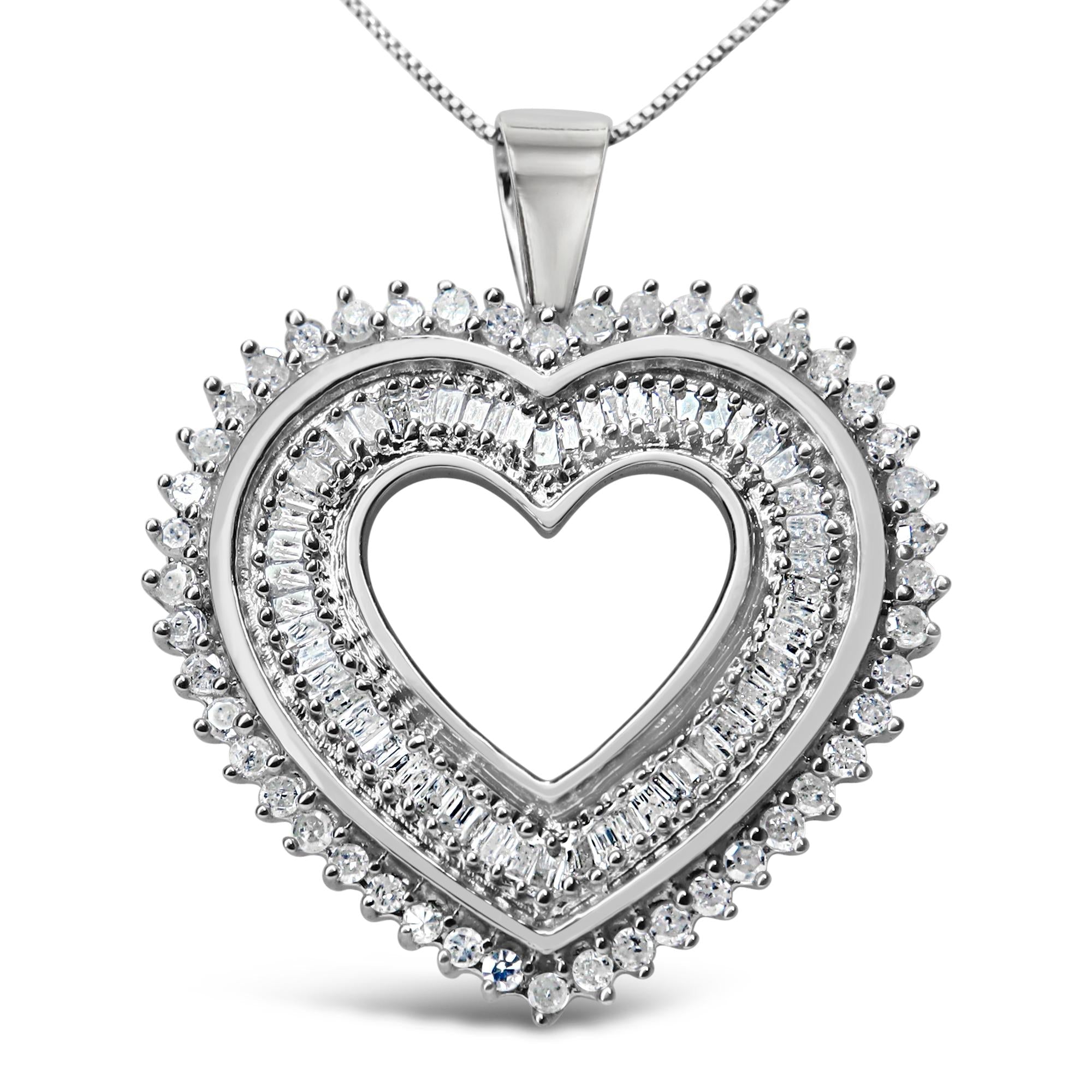 1 Ct. T.W. Baguette and Round Diamond Heart Pendant Necklace in Sterling Silver, photo 1