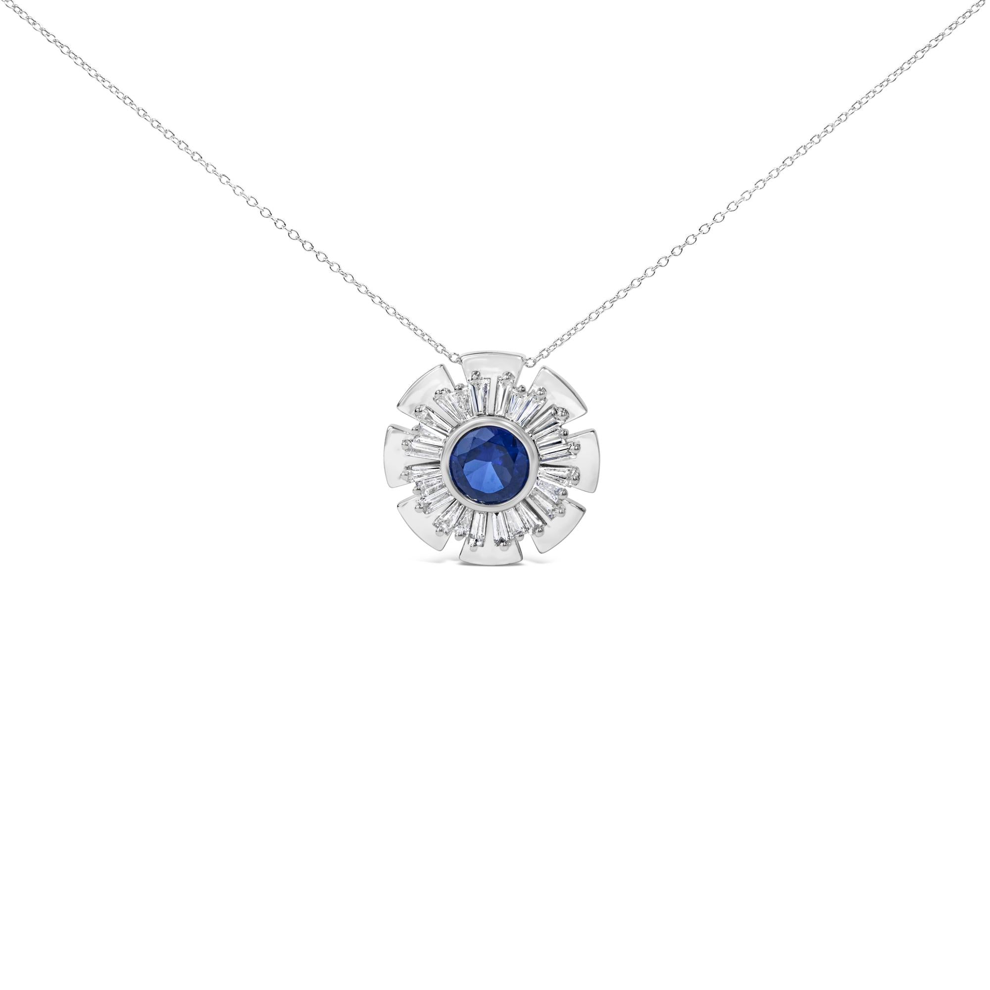 1 1/5 Ct. T.W. Lab-Grown Blue Sapphire and Diamond Sunburst Pendant Necklace in Sterling Silver, photo 1