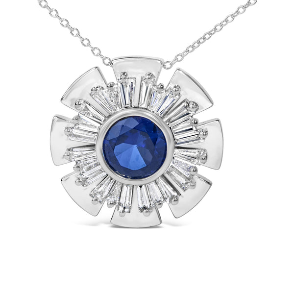 1 1/5 Ct. T.W. Lab-Grown Blue Sapphire and Diamond Sunburst Pendant Necklace in Sterling Silver, photo 2