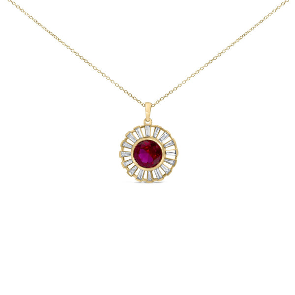Created Red Ruby and Baguette Diamond Sunburst Medallion Pendant Necklace in 14K Yellow Gold-Plated Silver, photo 1