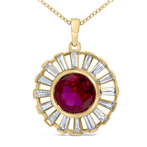 Created Red Ruby and Baguette Diamond Sunburst Medallion Pendant Necklace in 14K Yellow Gold-Plated Silver, photo 2