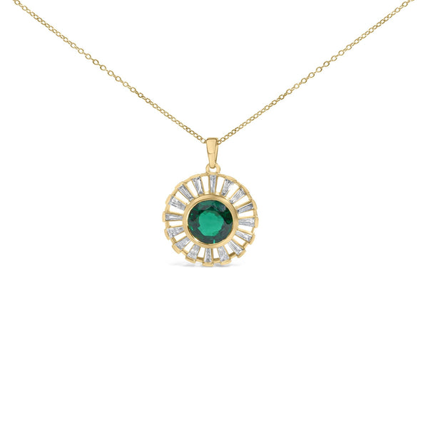 Lab-Grown Emerald and Baguette Diamond Sunburst Medallion Pendant Necklace in 14K Yellow Gold-Plated Sterling Silver, photo 1
