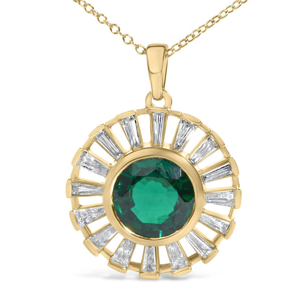 Lab-Grown Emerald and Baguette Diamond Sunburst Medallion Pendant Necklace in 14K Yellow Gold-Plated Sterling Silver, photo 2
