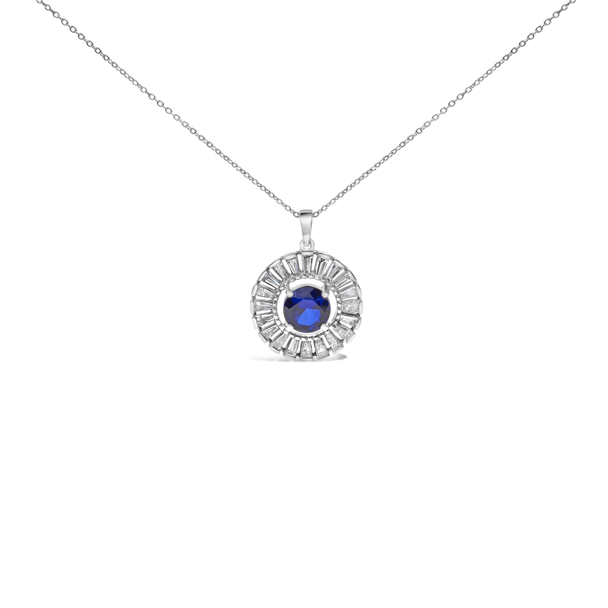 Lab-Grown Sapphire and Baguette Diamond Medallion Pendant Necklace in Sterling Silver, photo 1
