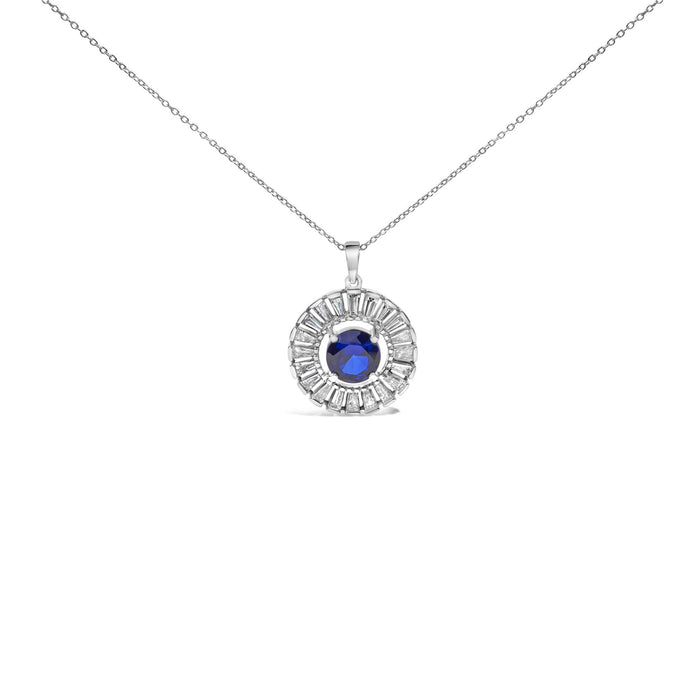 Lab-Grown Sapphire and Baguette Diamond Medallion Pendant Necklace in Sterling Silver, photo 1
