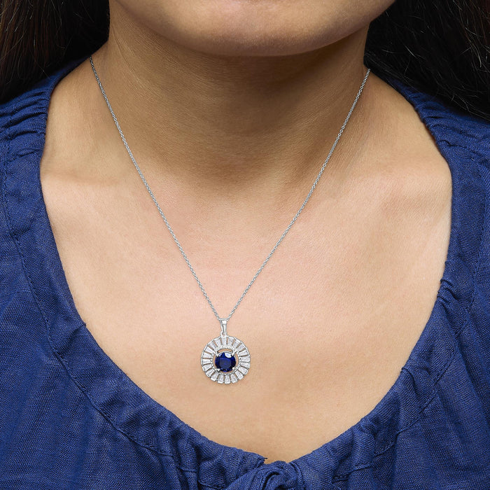 Lab-Grown Sapphire and Baguette Diamond Medallion Pendant Necklace in Sterling Silver, photo 3
