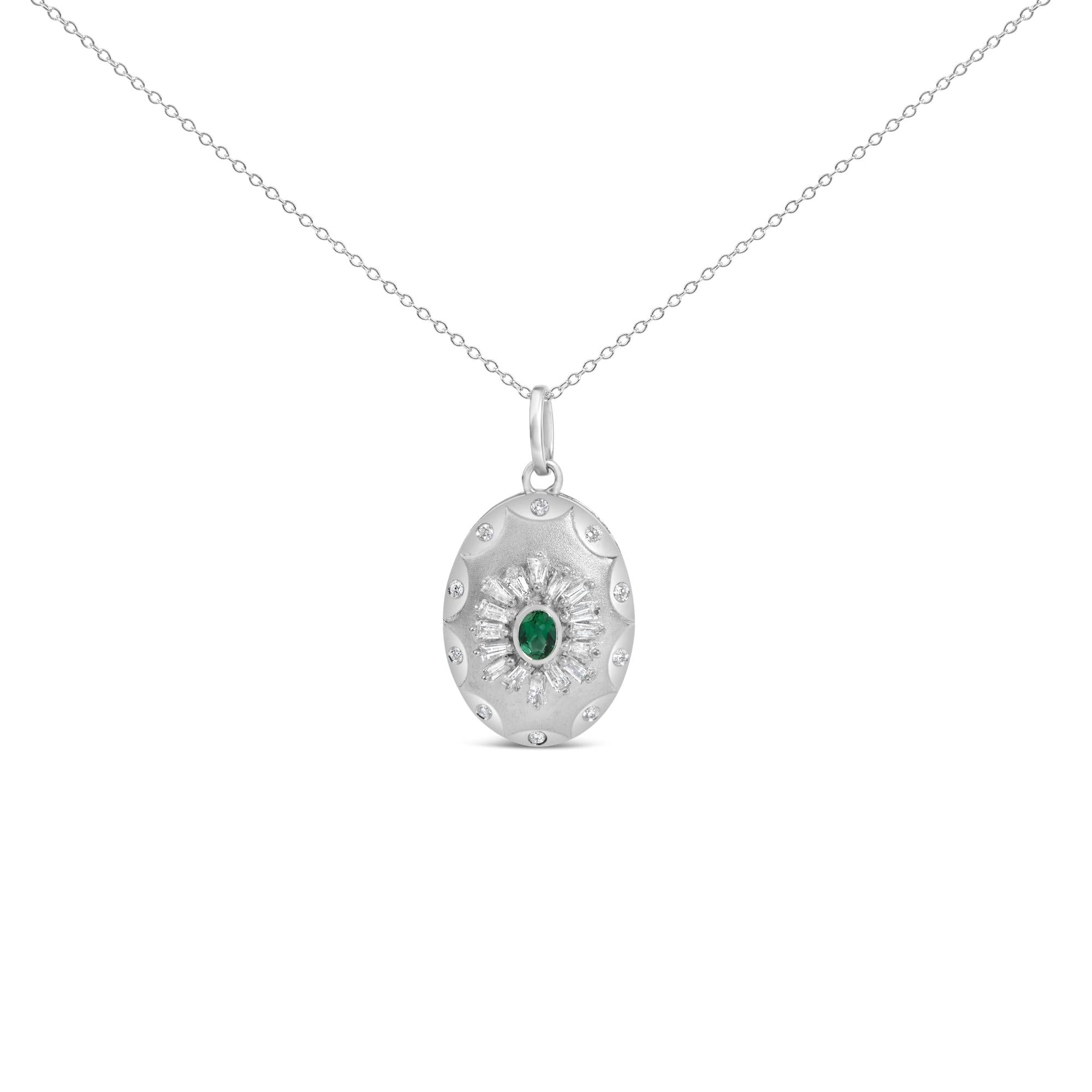 Lab-Grown Emerald and Diamond Sunburst Medallion Pendant Necklace in Sterling Silver, photo 1