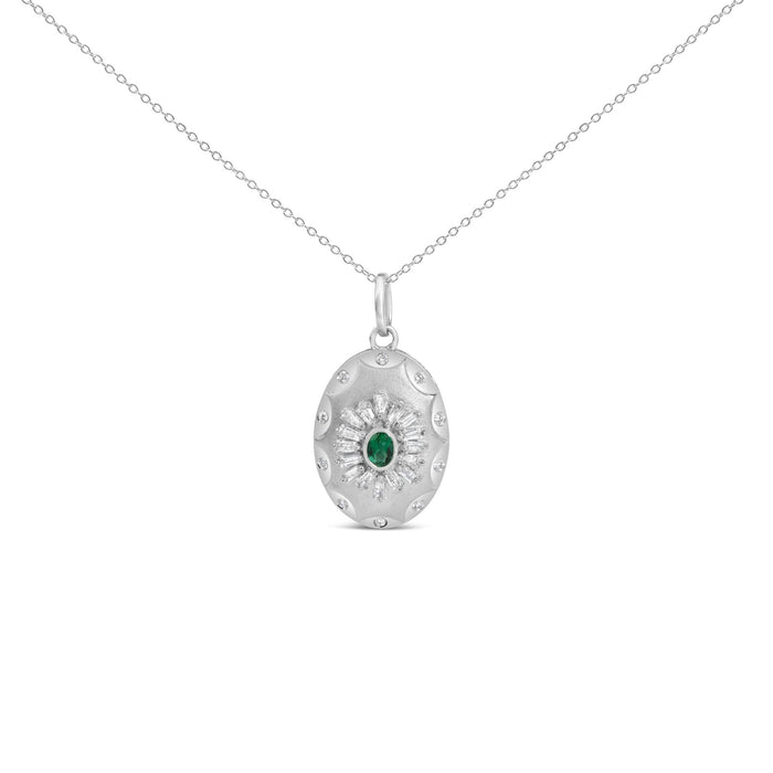 Lab-Grown Emerald and Diamond Sunburst Medallion Pendant Necklace in Sterling Silver, photo 1