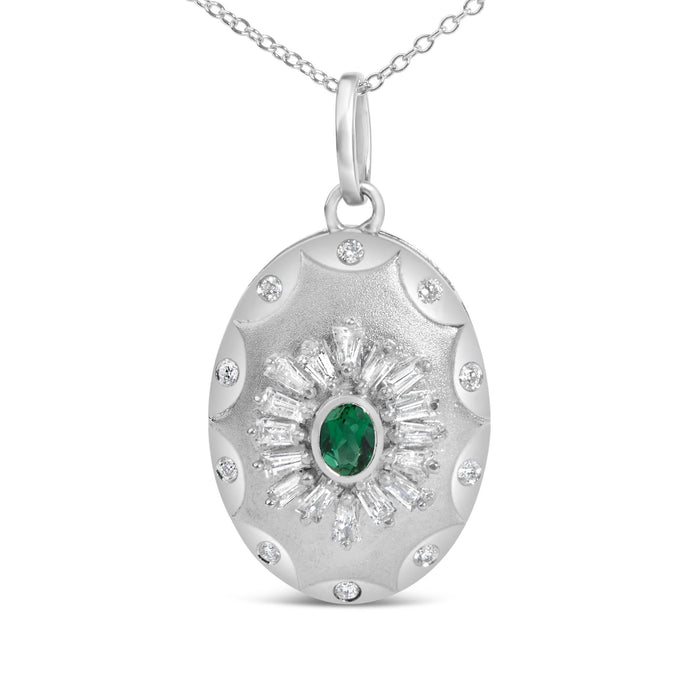 Lab-Grown Emerald and Diamond Sunburst Medallion Pendant Necklace in Sterling Silver, photo 2