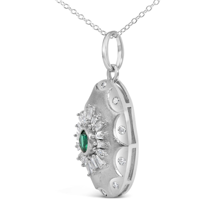 Lab-Grown Emerald and Diamond Sunburst Medallion Pendant Necklace in Sterling Silver, photo 4