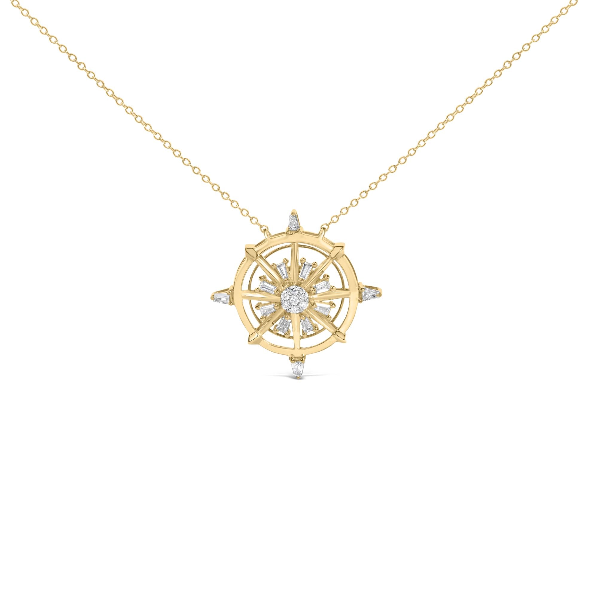 Collar con colgante de brújula con diamantes de 1/3 ct. p.t. en plata de ley bañada en oro amarillo de 14K, foto 1
