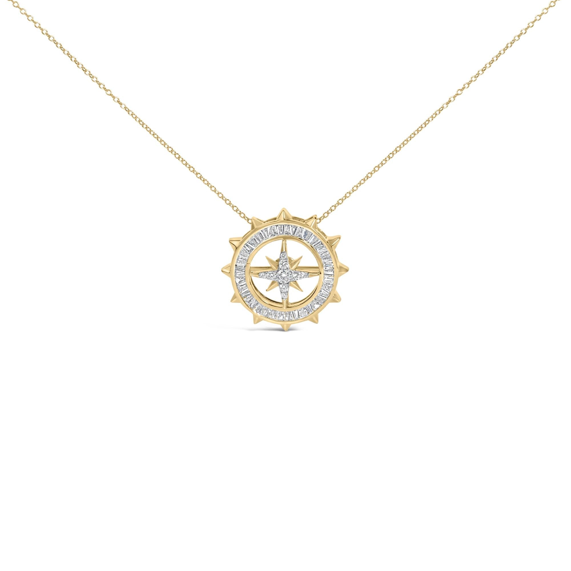 Collar con colgante de medallón de brújula con diamantes de 1 ct. p.t. en plata de ley bañada en oro amarillo de 14K, foto 1