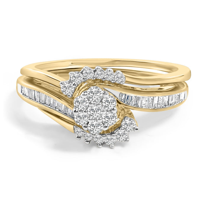 Conjunto nupcial de espiral con racimo de diamantes de 1/2 ct. p.t. en plata de ley bañada en oro amarillo de 14K, foto 1