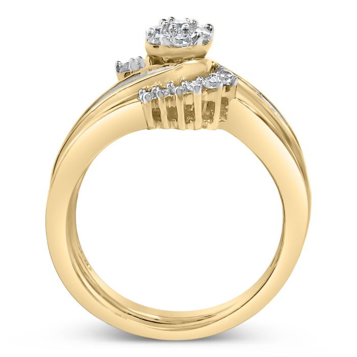 Conjunto nupcial de espiral con racimo de diamantes de 1/2 ct. p.t. en plata de ley bañada en oro amarillo de 14K, foto 6