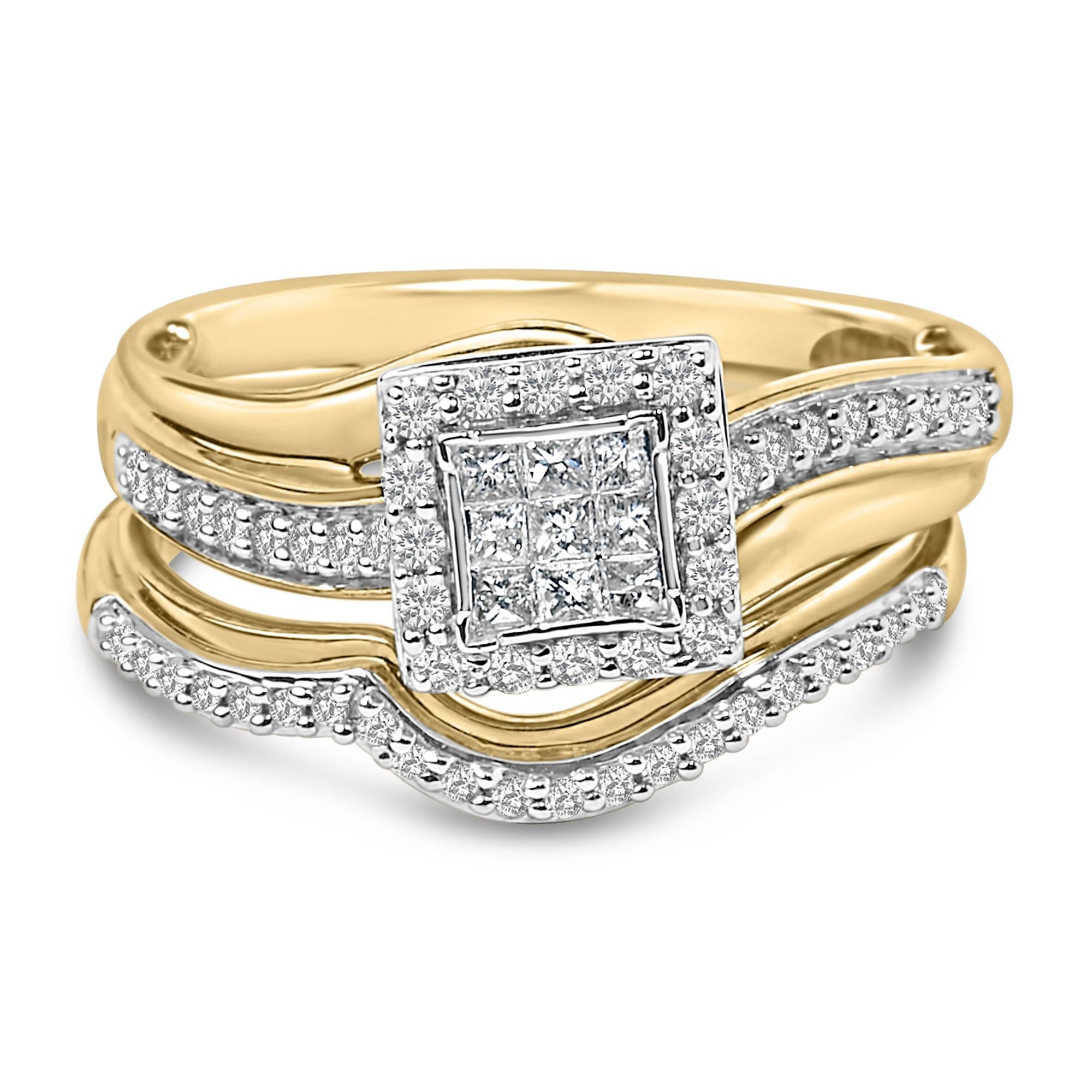 Conjunto nupcial con diamantes cuadrados talla princesa de 1/2 ct. p.t. en plata de ley bañada en oro amarillo de 14K, foto 1