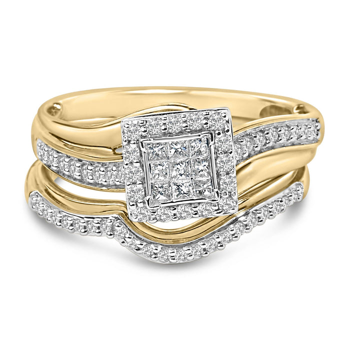 Conjunto nupcial con diamantes cuadrados talla princesa de 1/2 ct. p.t. en plata de ley bañada en oro amarillo de 14K, foto 1