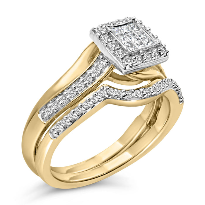 Conjunto nupcial con diamantes cuadrados talla princesa de 1/2 ct. p.t. en plata de ley bañada en oro amarillo de 14K, foto 4