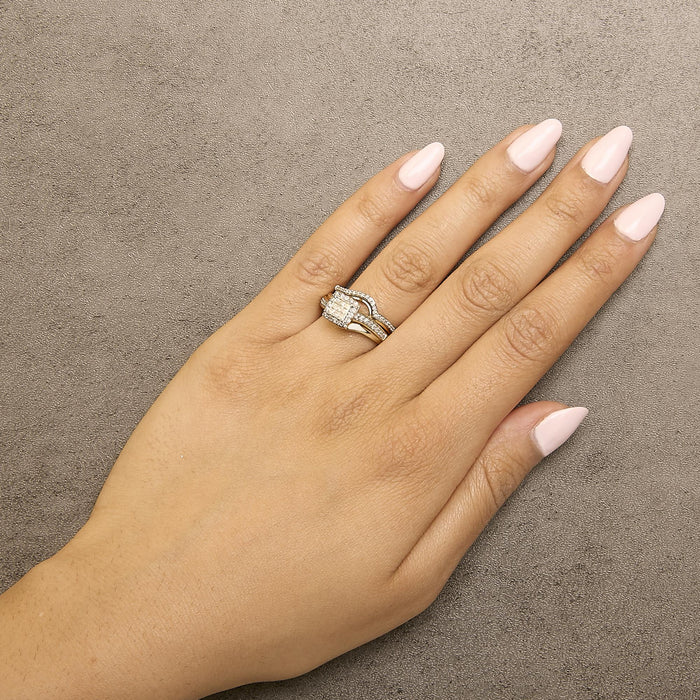 Conjunto nupcial con diamantes cuadrados talla princesa de 1/2 ct. p.t. en plata de ley bañada en oro amarillo de 14K, foto 3