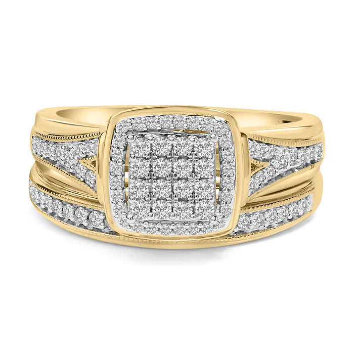 Conjunto nupcial de racimo cuadrado con diamantes de 1/2 ct. p.t. en plata de ley bañada en oro amarillo de 14K, foto 1