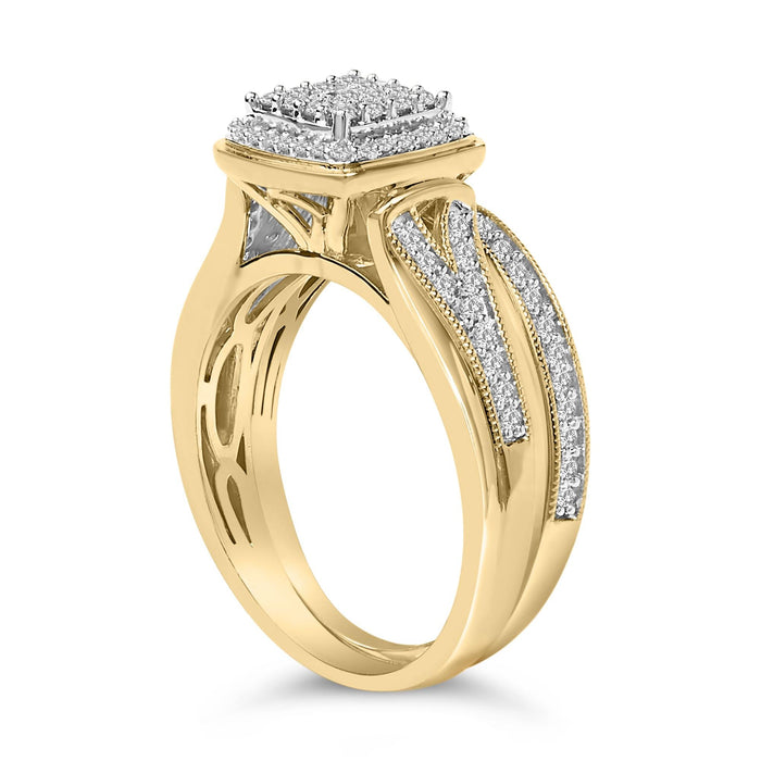 Conjunto nupcial de racimo cuadrado con diamantes de 1/2 ct. p.t. en plata de ley bañada en oro amarillo de 14K, foto 5