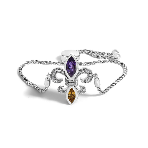 Marquise Purple Amethyst, Orange Citrine, and Diamond Accent Lariat Fleur De Lis Adjustable Bolo Bracelet in Sterling Silver, photo 1