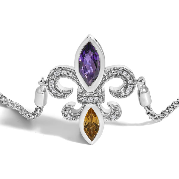 Marquise Purple Amethyst, Orange Citrine, and Diamond Accent Lariat Fleur De Lis Adjustable Bolo Bracelet in Sterling Silver, photo 2