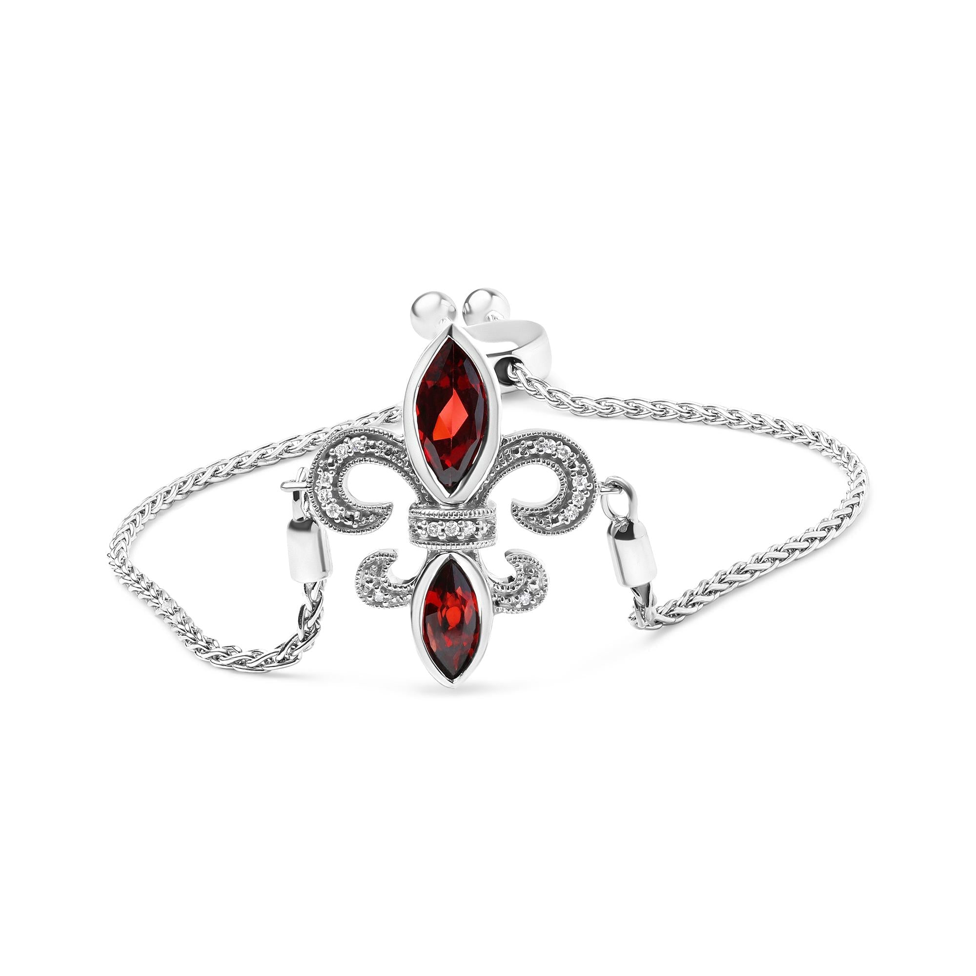 Marquise Garnet and Diamond Accent Lariat Fleur De Lis Adjustable Bolo Bracelet in Sterling Silver, photo 1