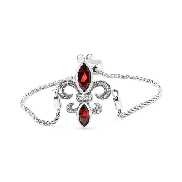 Pulsera bolo ajustable de lazo con flor de lis, granate marquesa y detalle de diamante en plata de ley, foto 1