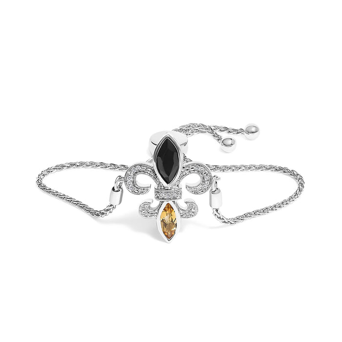 Marquise Black Onyx, Orange Citrine, and Diamond Accent Lariat Fleur De Lis Adjustable Bolo Bracelet in Sterling Silver, photo 1