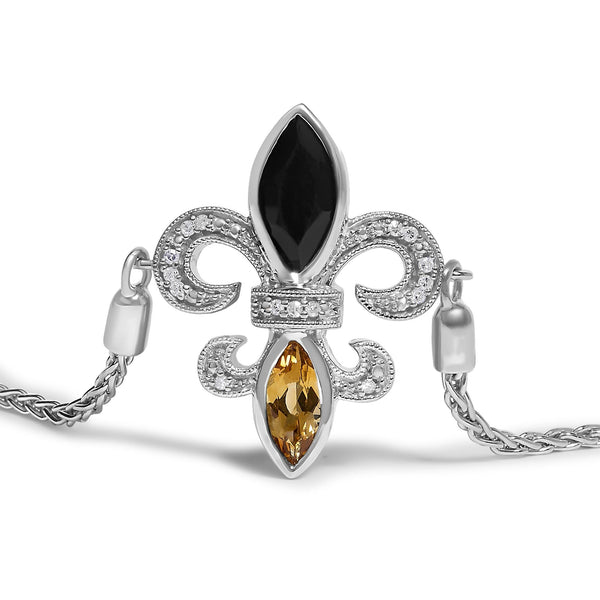 Marquise Black Onyx, Orange Citrine, and Diamond Accent Lariat Fleur De Lis Adjustable Bolo Bracelet in Sterling Silver, photo 2