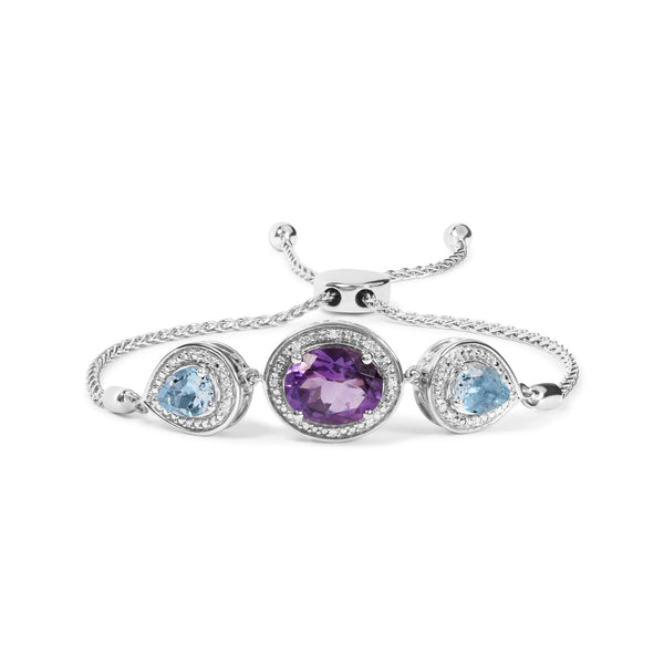 Pulsera bolo ajustable de lazo con amatista ovalada, topacio azul de talla pera y detalle de diamante en plata de ley, foto 1