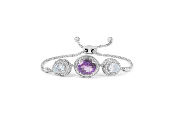 Pulsera bolo ajustable de lazo con amatista ovalada, topacio azul de talla pera y detalle de diamante en plata de ley, foto 2