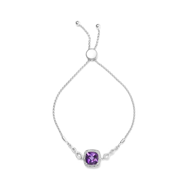 Pulsera bolo ajustable de lazo con amatista de talla cojín de 10 mm y detalle de diamante en plata de ley, foto 2