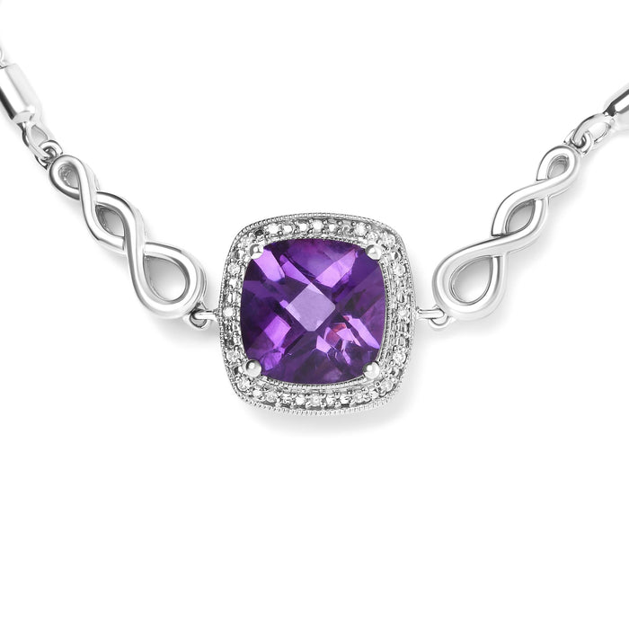 Pulsera bolo ajustable de lazo con amatista de talla cojín de 10 mm y detalle de diamante en plata de ley, foto 4