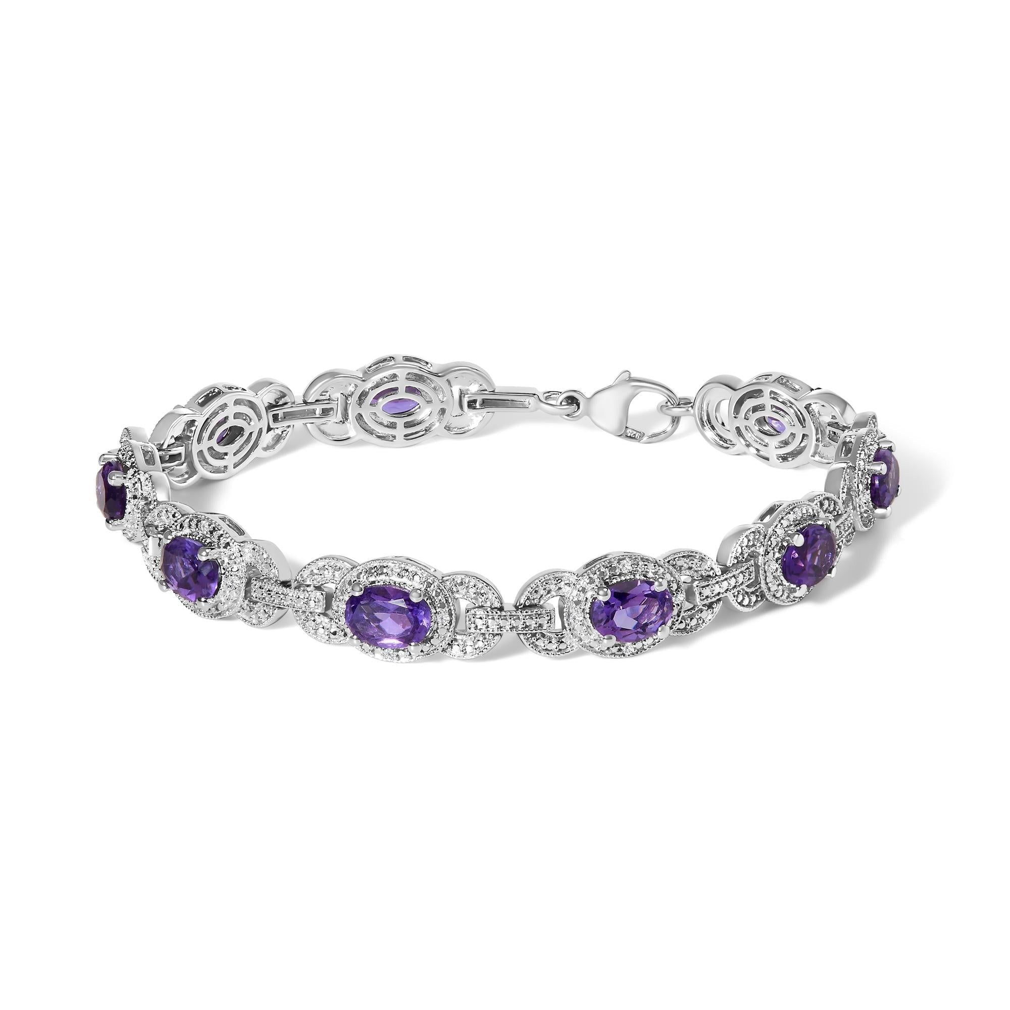Pulsera de eslabones con halo entrelazado, amatista morada ovalada y diamantes en plata de ley, foto 1