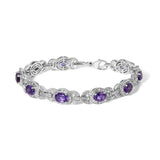 Pulsera de eslabones con halo entrelazado, amatista morada ovalada y diamantes en plata de ley