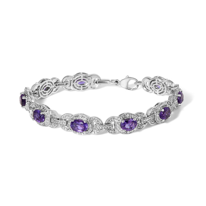 Pulsera de eslabones con halo entrelazado, amatista morada ovalada y diamantes en plata de ley, foto 1