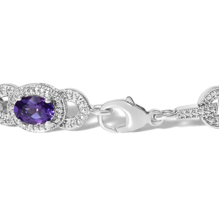 Pulsera de eslabones con halo entrelazado, amatista morada ovalada y diamantes en plata de ley, foto 2