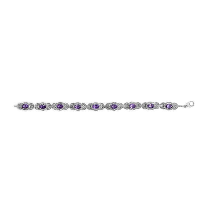 Pulsera de eslabones con halo entrelazado, amatista morada ovalada y diamantes en plata de ley, foto 4