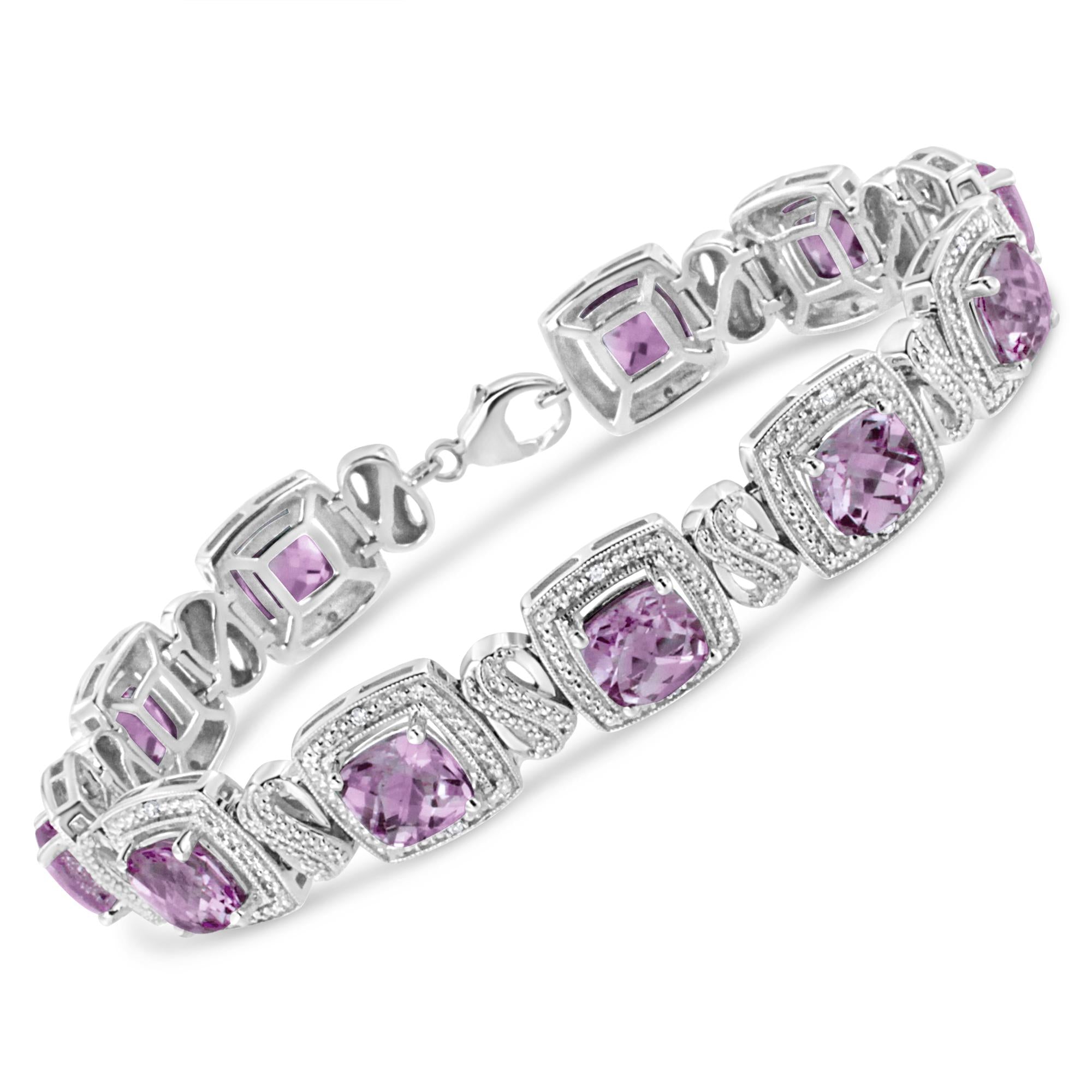 1/10 Ct. T.W. 7x7 mm Cushion-Cut Purple Amethyst and Round-Cut Diamond Square Shape Tennis Bracelet in Sterling Silver, photo 1