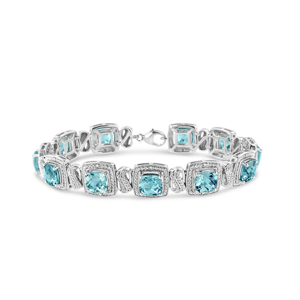 Pulsera tenis cuadrada con topacio azul talla cojín de 7x7 mm y diamantes de 1/10 ct. p.t. en plata de ley, foto 1