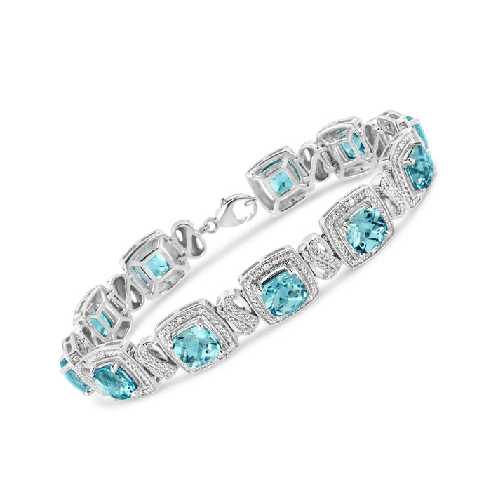 Pulsera tenis cuadrada con topacio azul talla cojín de 7x7 mm y diamantes de 1/10 ct. p.t. en plata de ley, foto 2