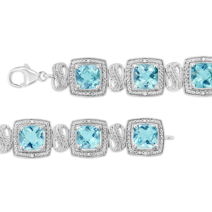 Pulsera tenis cuadrada con topacio azul talla cojín de 7x7 mm y diamantes de 1/10 ct. p.t. en plata de ley, foto 4