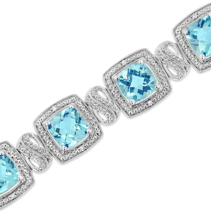 Pulsera tenis cuadrada con topacio azul talla cojín de 7x7 mm y diamantes de 1/10 ct. p.t. en plata de ley, foto 5