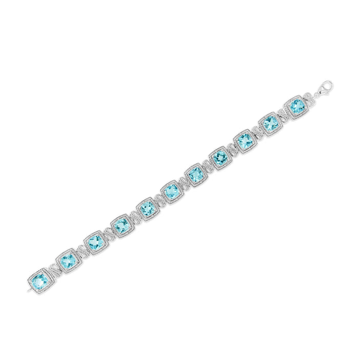 Pulsera tenis cuadrada con topacio azul talla cojín de 7x7 mm y diamantes de 1/10 ct. p.t. en plata de ley, foto 6