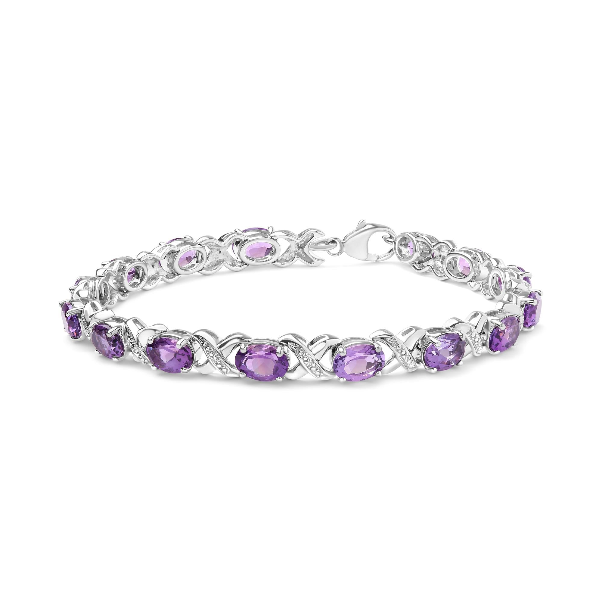 Pulsera de eslabones en X con amatista ovalada de 7x5mm y detalle de diamante en plata de ley, foto 1