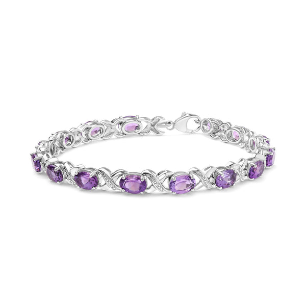 Pulsera de eslabones en X con amatista ovalada de 7x5mm y detalle de diamante en plata de ley, foto 1