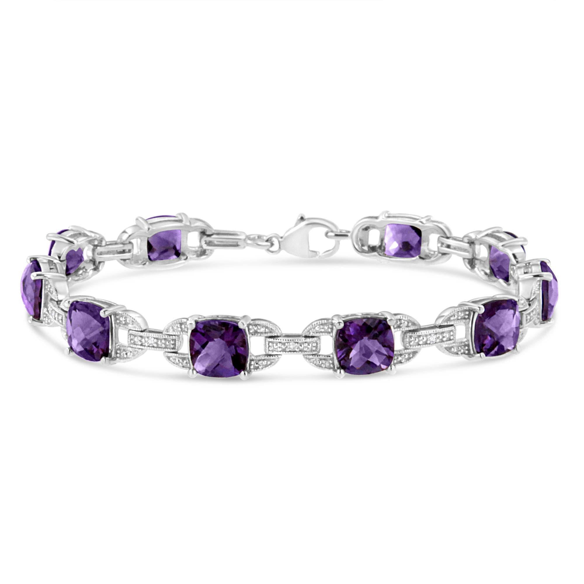 Pulsera tenis de eslabones con amatista de talla cojín de 7 mm y diamantes en plata de ley, foto 1
