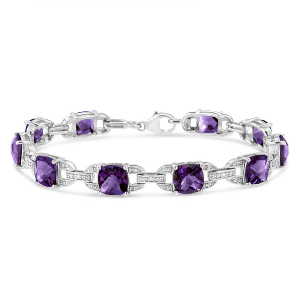 Pulsera tenis de eslabones con amatista de talla cojín de 7 mm y diamantes en plata de ley, foto 1